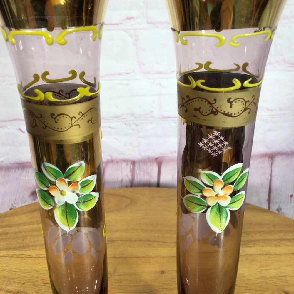 Vintage Norcrest Purple Amethyst Hand Painted Glass Vase Pair